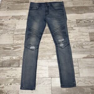 Kayden K Jeans Mens 32x30 Blue Skinny Moto Biker Distressed Stretch Denim